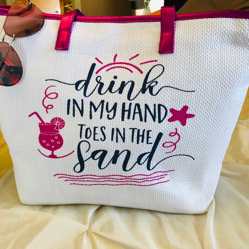 Large White Tote Bag With Hot Pink Straps